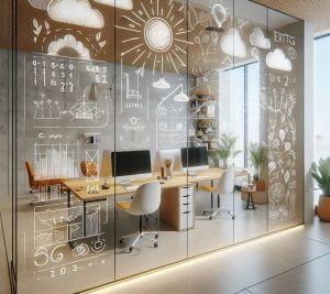 Lousa de vidro personalizada em ambiente de escritório criativo